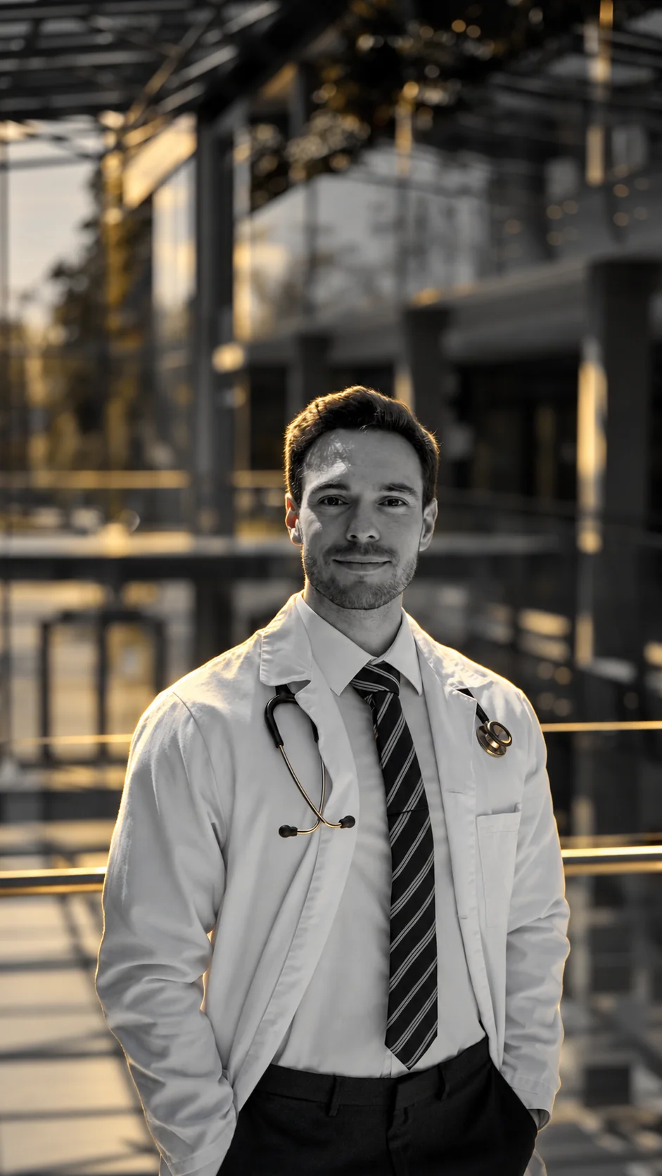 The founder wearing a white coat