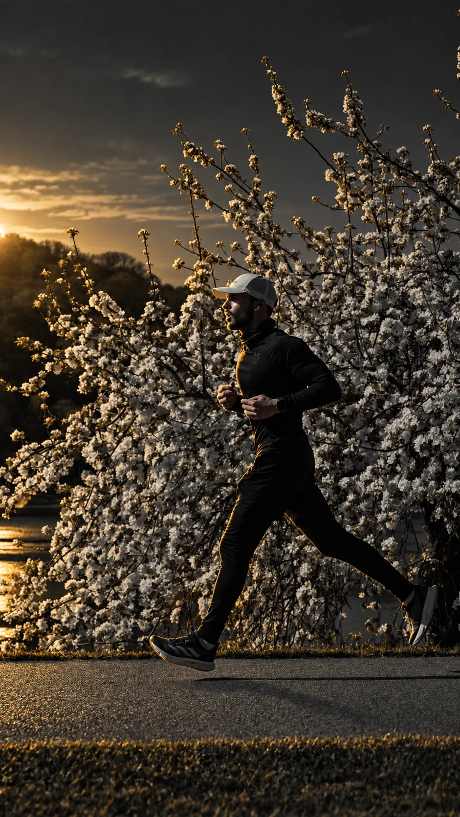 The founder running past flowering trees